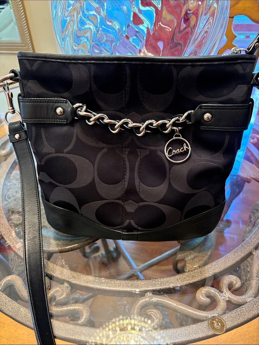 Coach Signature C Canvas Crossbody Bag with Black Leather Trim and Chain Accent